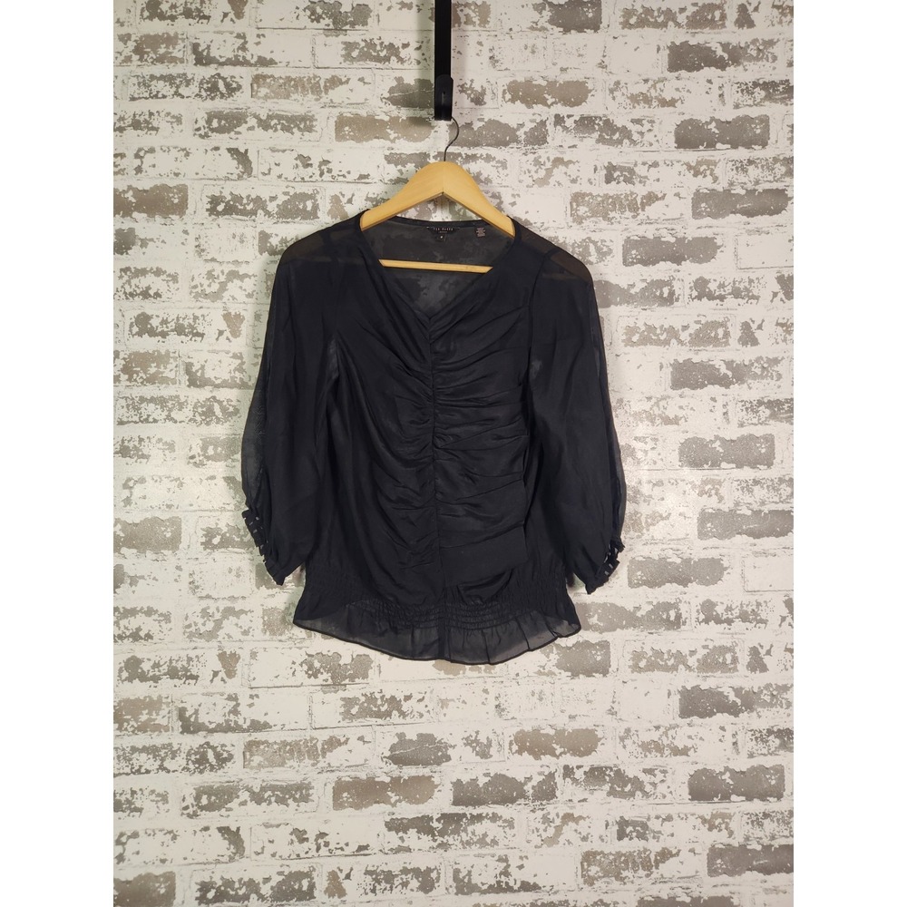 Ted Baker Ruched‎ Semi Sheer Blouse Size 0 Black Flowy Elegant Chic Romantic